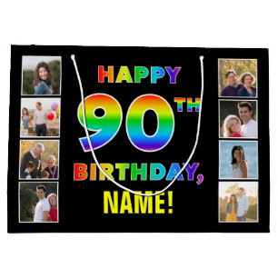 Grand Sac Cadeau 90e anniversaire : Rainbow Text, Custom Photos & N