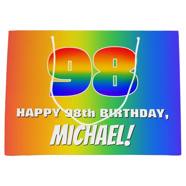 Grand Sac Cadeau 98e anniversaire : coloré, amusant Motif arc-en-ci (Devant)