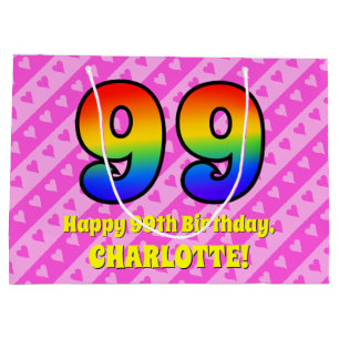 Grand Sac Cadeau 99e anniversaire : Pink Stripes & Hearts, Arc en c