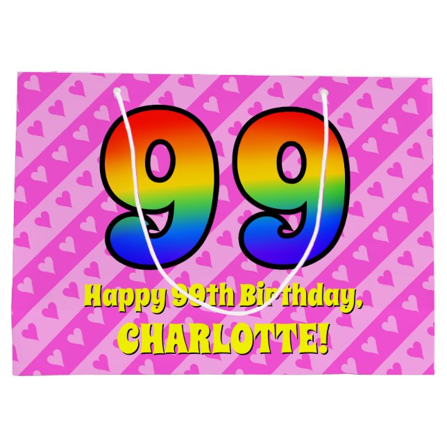 Grand Sac Cadeau 99e anniversaire : Pink Stripes & Hearts, Arc en c (Dos)