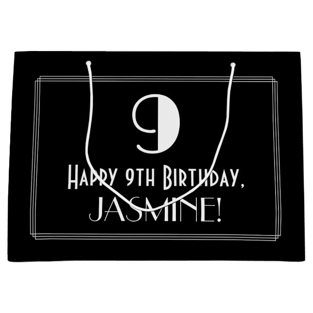Grand Sac Cadeau 9e anniversaire : Art Déco Style "9", Nom (Devant)