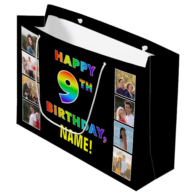 Grand Sac Cadeau 9e anniversaire : Rainbow Text, Custom Photos & Na (Devant Angle)