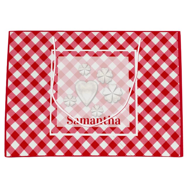 Grand Sac Cadeau à damiers tartan plaid classique rouge blanc textu (Devant)