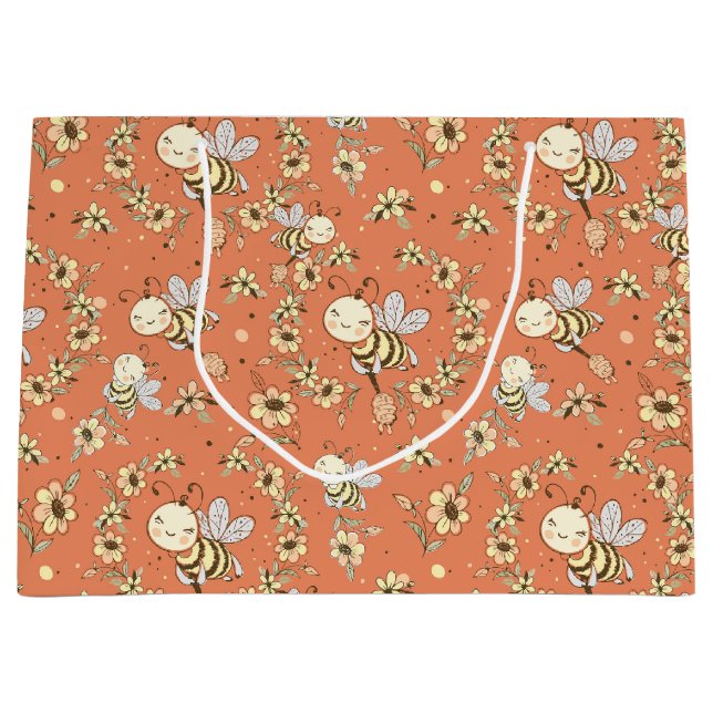 Grand Sac Cadeau Abeille bourdonnante fantaisiste et fleurs (Devant)