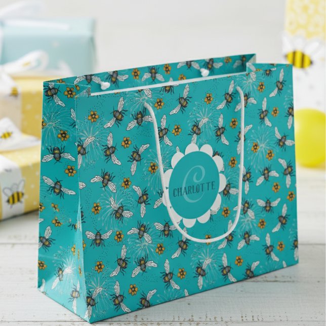 Grand Sac Cadeau Abeille de miel bleu moderne et fleurs (Modern Blue Floral Bee Gift Bags for Nature & Insect Lover. Elegant Honeybee Pattern for Birthday)