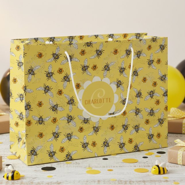 Grand Sac Cadeau Abeille jaune à la mode et fleurs (Yellow Floral Bee Gift Bags for Nature Lover. Botanical Vintage Honeybee & Flowers Pattern For Her )