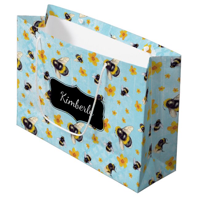 Grand Sac Cadeau Abeilles et fleurs personnalisées (Devant Angle)