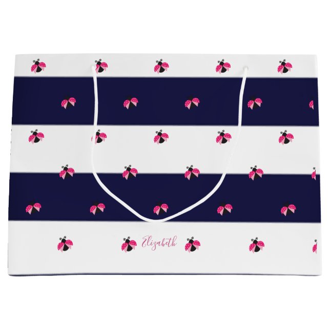 Grand Sac Cadeau Adorable Ladybird Navy Blue Stripes (Devant)