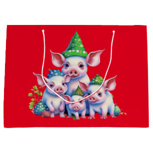 Grand Sac Cadeau Adorable Petites Piggies Arbre de Noël Rouge