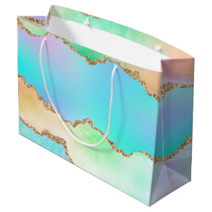 Grand Sac Cadeau Agate Holo Faux Iridescente Pastel Ombre Marble