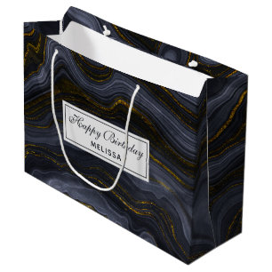 Grand Sac Cadeau Agate moderne Black & Gold Pierre Abstrait Anniver