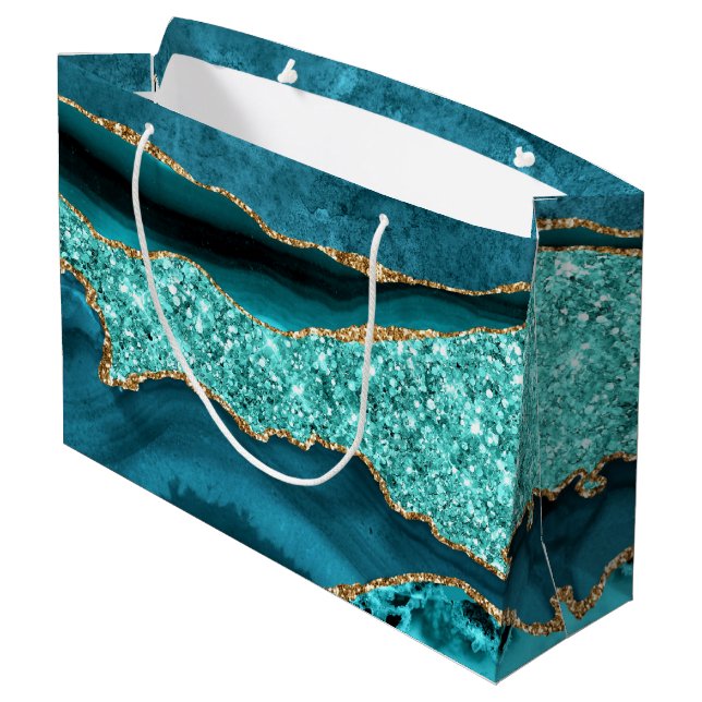 Grand Sac Cadeau Agate Turquoise Blue Gold Parties scintillant Marb (Dos Angle)
