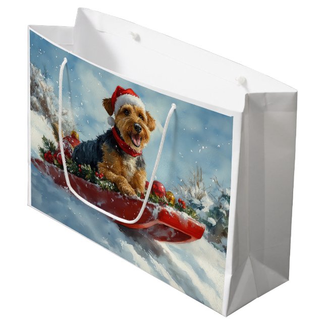 Grand Sac Cadeau Airedale Chien dans la boue Laisser neiger Noël (Devant Angle)