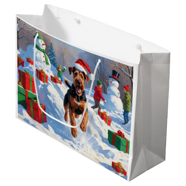 Grand Sac Cadeau Airedale Noël Festive Scène de neige (Devant Angle)
