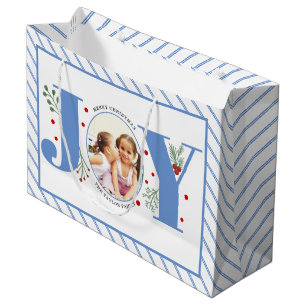 Grand Sac Cadeau Ajouter vos photos bleu JOY et rayures