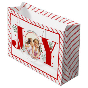 Grand Sac Cadeau Ajouter vos photos rouge JOY et rayures