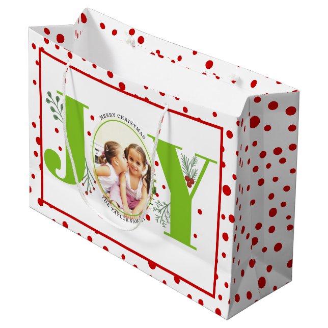 Grand Sac Cadeau Ajoutez vos photos lime green JOY et rouge pois (Devant Angle)