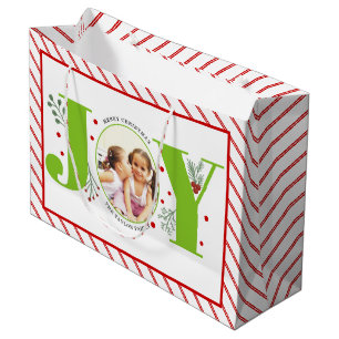 Grand Sac Cadeau Ajoutez vos photos lime vert JOY et rayures rouges