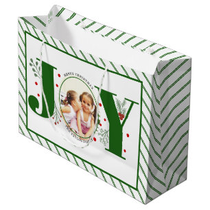 Grand Sac Cadeau Ajoutez vos photos vert JOIE et rayures