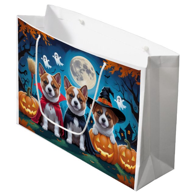 Grand Sac Cadeau Akita Chiens Citrouille Halloween Funny (Devant Angle)
