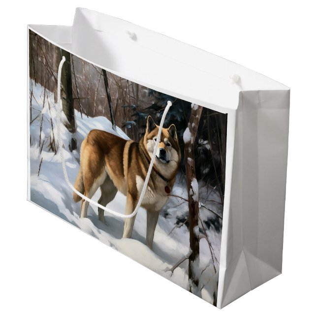 Grand Sac Cadeau Akita Laisser Neige Noël (Devant Angle)