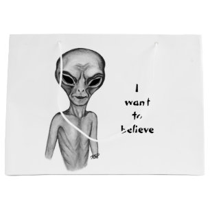 Grand Sac Cadeau Alien gris, je veux croire