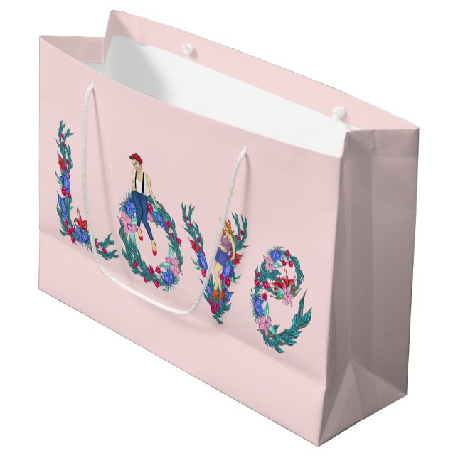 Grand Sac Cadeau Amour, filles et fleurs (Devant Angle)