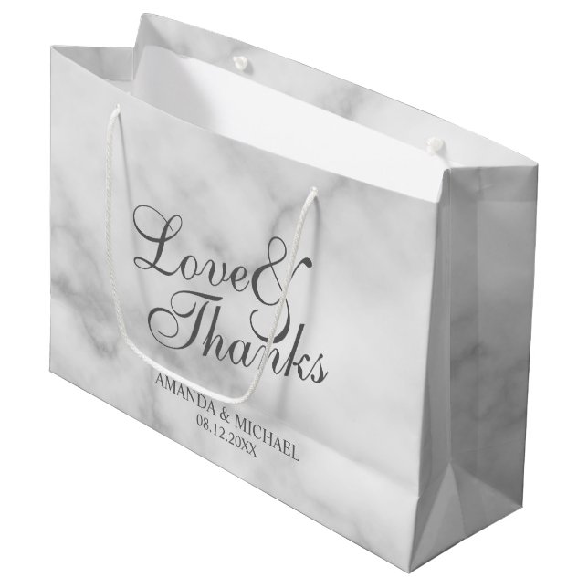 Grand Sac Cadeau Amour & Merci Classy Élégant Marbre Mariage Faveur (Devant Angle)