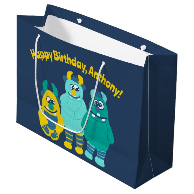 Grand Sac Cadeau Amusant Petit Cartoon Monsters Garçons Anniversair (Devant Angle)
