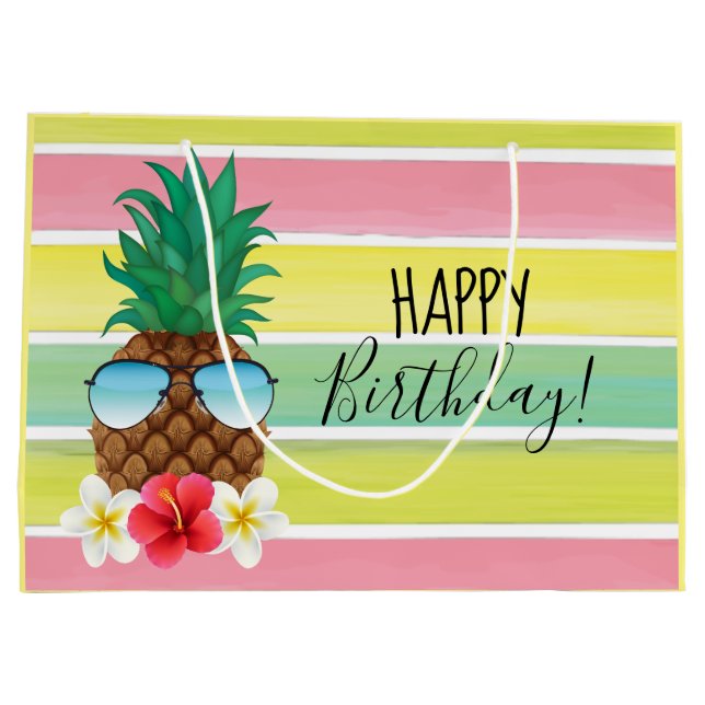 Grand Sac Cadeau Ananas avec lunettes de soleil heureux anniversair (Dos)