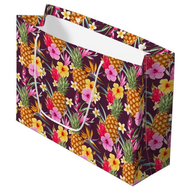 Grand Sac Cadeau Ananas Tropical Et Fleur (Devant Angle)
