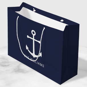 Grand Sac Cadeau Ancre bleue marine avec nom personnalisé