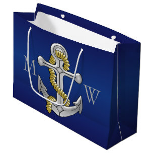Grand Sac Cadeau Ancre décorée d'un monogramme de bleu marine