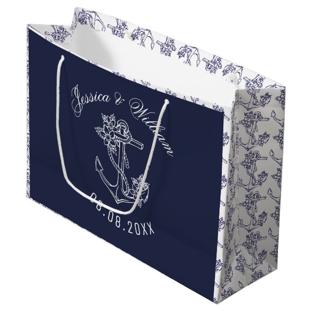 Grand Sac Cadeau Ancres de bateaux blancs et bleus Design Mariage (Devant Angle)