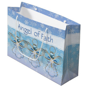 Grand Sac Cadeau Ange de Noël des flocons de neige bleus de Foi