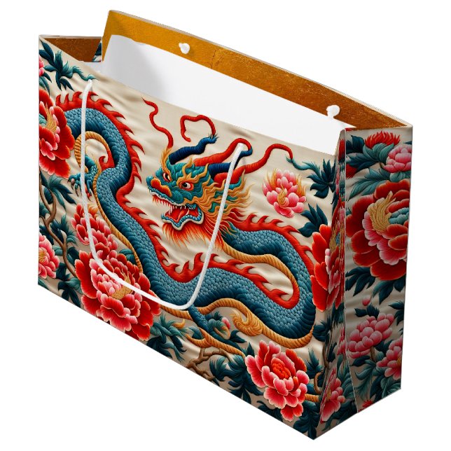 Grand Sac Cadeau Année dragon chinoise "Broderie" Anniversaire zodi (Devant Angle)