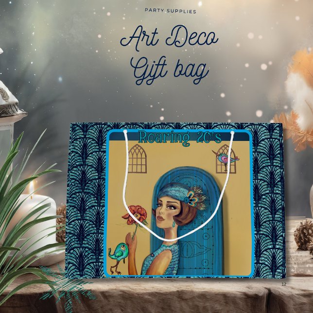 Grand Sac Cadeau Années folles renouveau Art déco bleu ( Roaring Twenties Revival Art Deco blue Large Gift Bag )