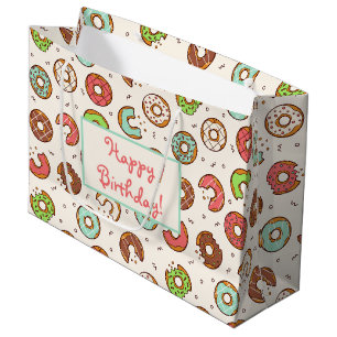 Grand Sac Cadeau Anniversaire à motif de beignet coloré de style ré