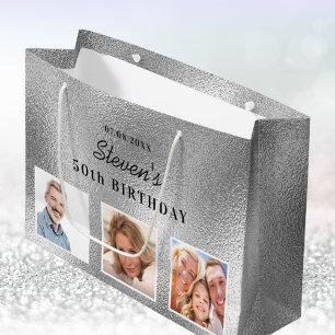 Grand Sac Cadeau Anniversaire argent photo nom collage
