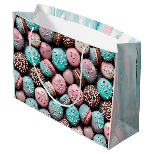 Grand Sac Cadeau Anniversaire de Macaron rose et Turquoise (Dos Angle)