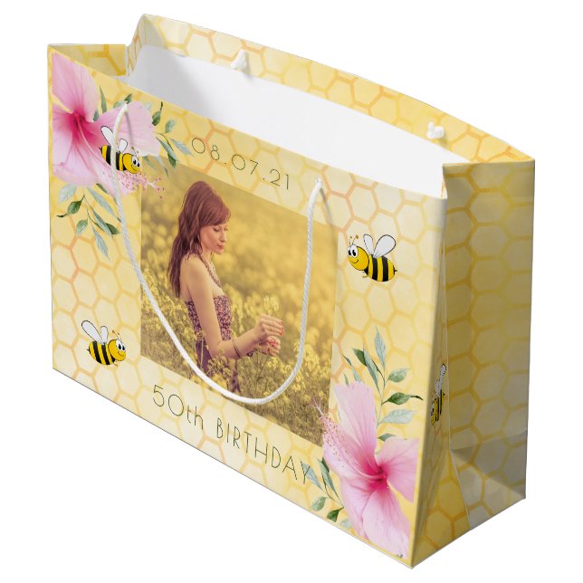 Grand Sac Cadeau Anniversaire des abeilles nid d'abeille photo (Dos Angle)