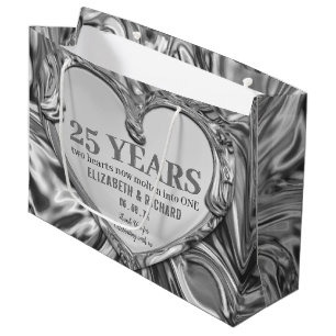 Grand Sac Cadeau Anniversaire du Mariage du coeur en métal argenté