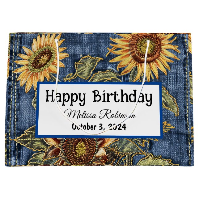 Grand Sac Cadeau Anniversaire moderne de Denim et de Sunflower (Devant)