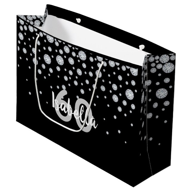 Grand Sac Cadeau Anniversaire noir diamants argent monogramme (Devant Angle)