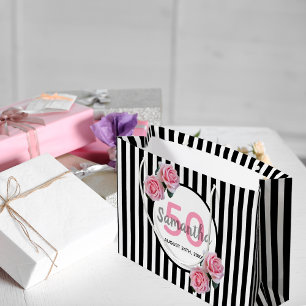 Grand Sac Cadeau Anniversaire noir rayures rose florales monogramme