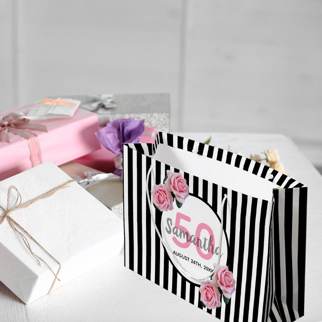 Grand Sac Cadeau Anniversaire noir rayures rose florales monogramme (Créateur téléchargé)