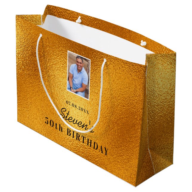 Grand Sac Cadeau Anniversaire or nom photo gars (Dos Angle)