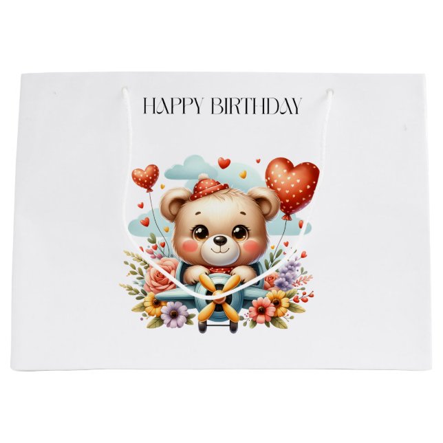 Grand Sac Cadeau Anniversaire Pilote Ours en Peluche (Devant)