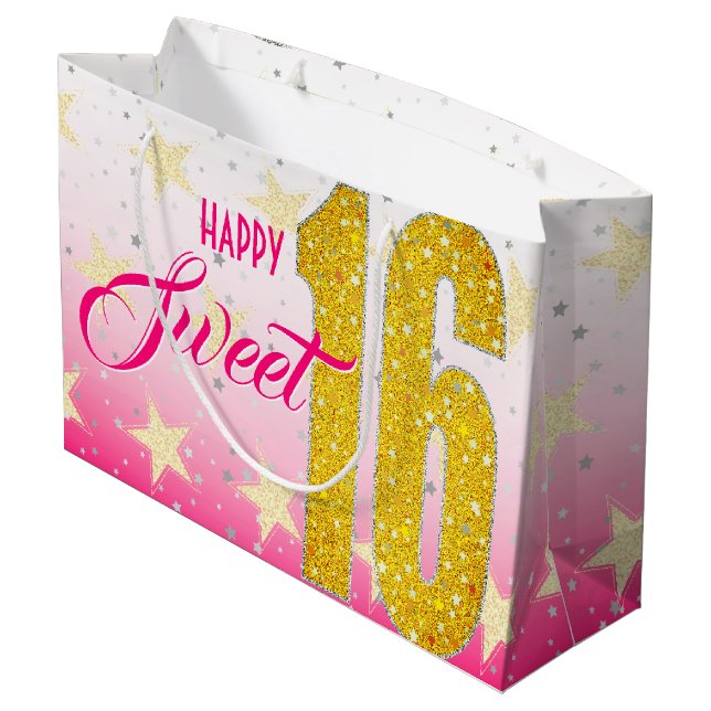 Grand Sac Cadeau Anniversaire seize ans | Parties scintillant rose  (Dos Angle)