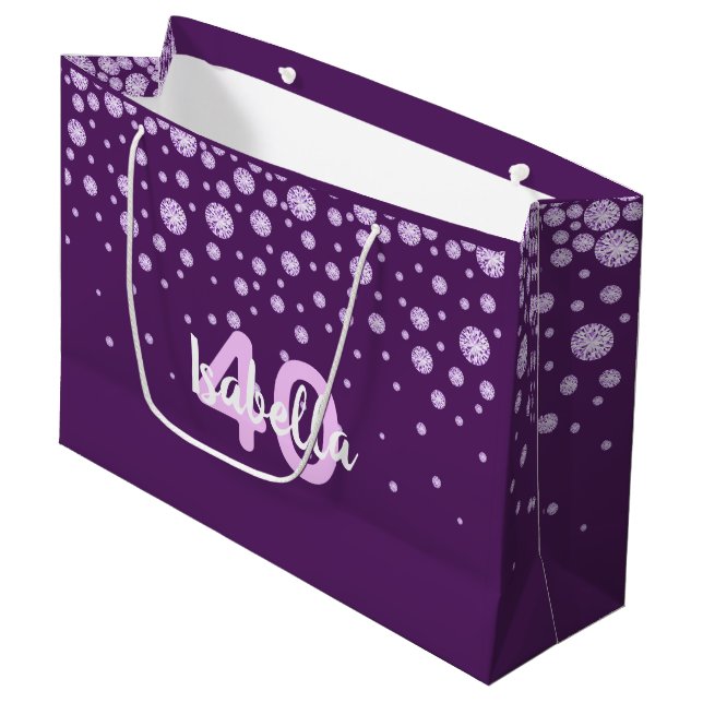 Grand Sac Cadeau Anniversaire violet rose monogramme nom diamants (Devant Angle)